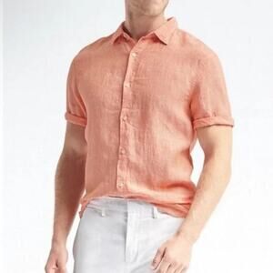 Banana Republic 100% Linen Mens Button Down Camden Fit Short Sleeve Shirt Large